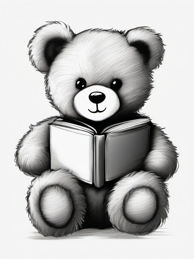 drawing of a teddy bear with a book  minimal rough sketch scribbles,doodles,black and white