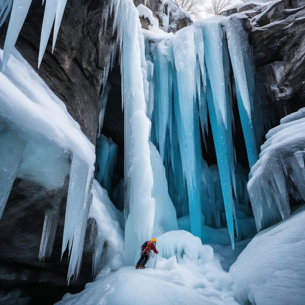 Ice Climbing on Frozen Waterfalls  background picture, close shot professional product  photography, natural lighting, canon lens, shot on dslr 64 megapixels sharp focus