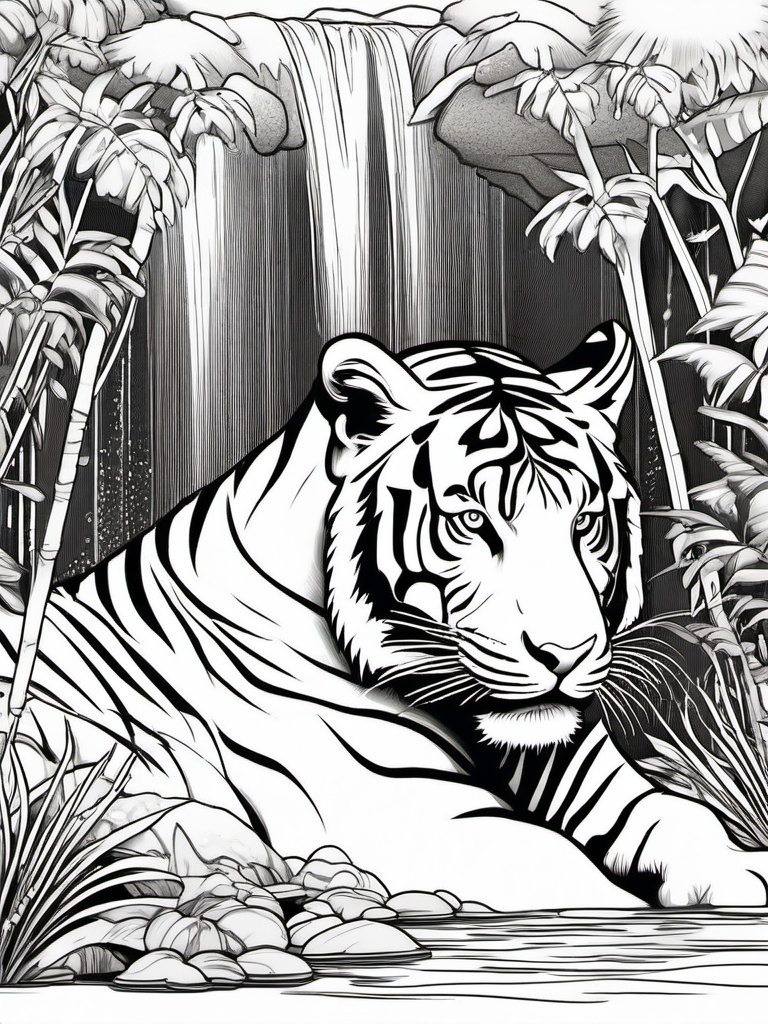 Tiger Coloring Pages - Tiger resting under a waterfall  simple coloring pages