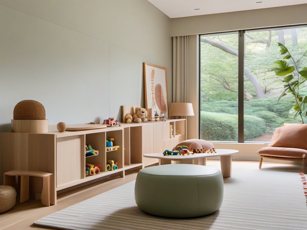 The playroom embodies Japandi interior design with simple toys, functional furniture, and a tranquil color palette, providing a serene space for children's activities.  