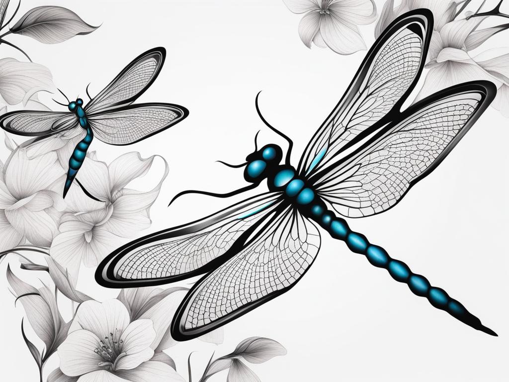 Dragon fly tattoo design, Creative tattoo designs featuring dragonflies, known for their delicate beauty.  color, tattoo style pattern, clean white background