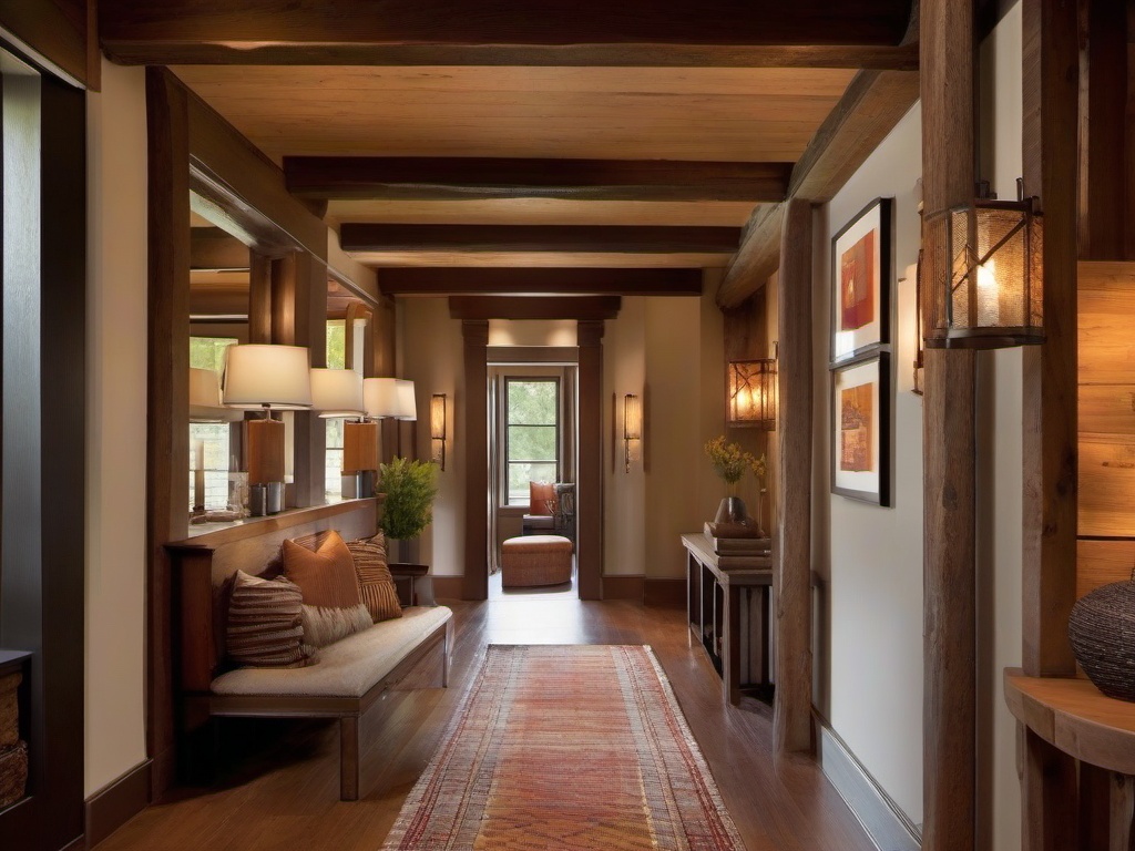 The hallway showcases rustic interior design through exposed beams, warm colors, and rustic art that create a cozy and inviting passage.  