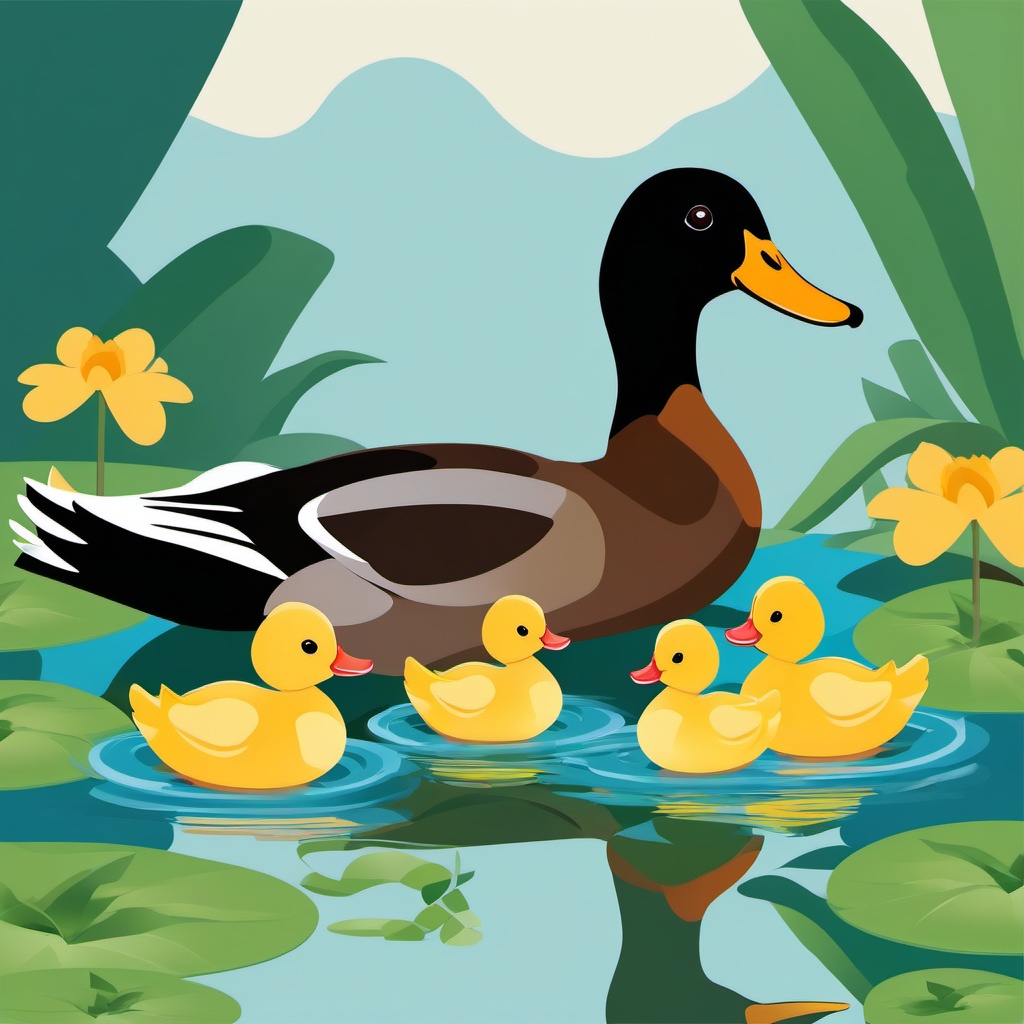 Duck Family clipart - Duck family wading in a pond, ,vector color clipart,minimal