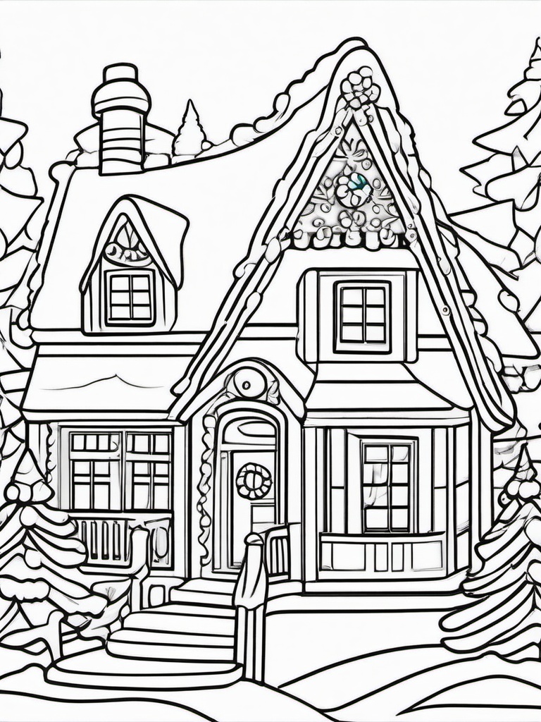 Santa with Gingerbread House Coloring Pages - Decorating a Festive Gingerbread House  minimal black outline printable sheet, coloring page