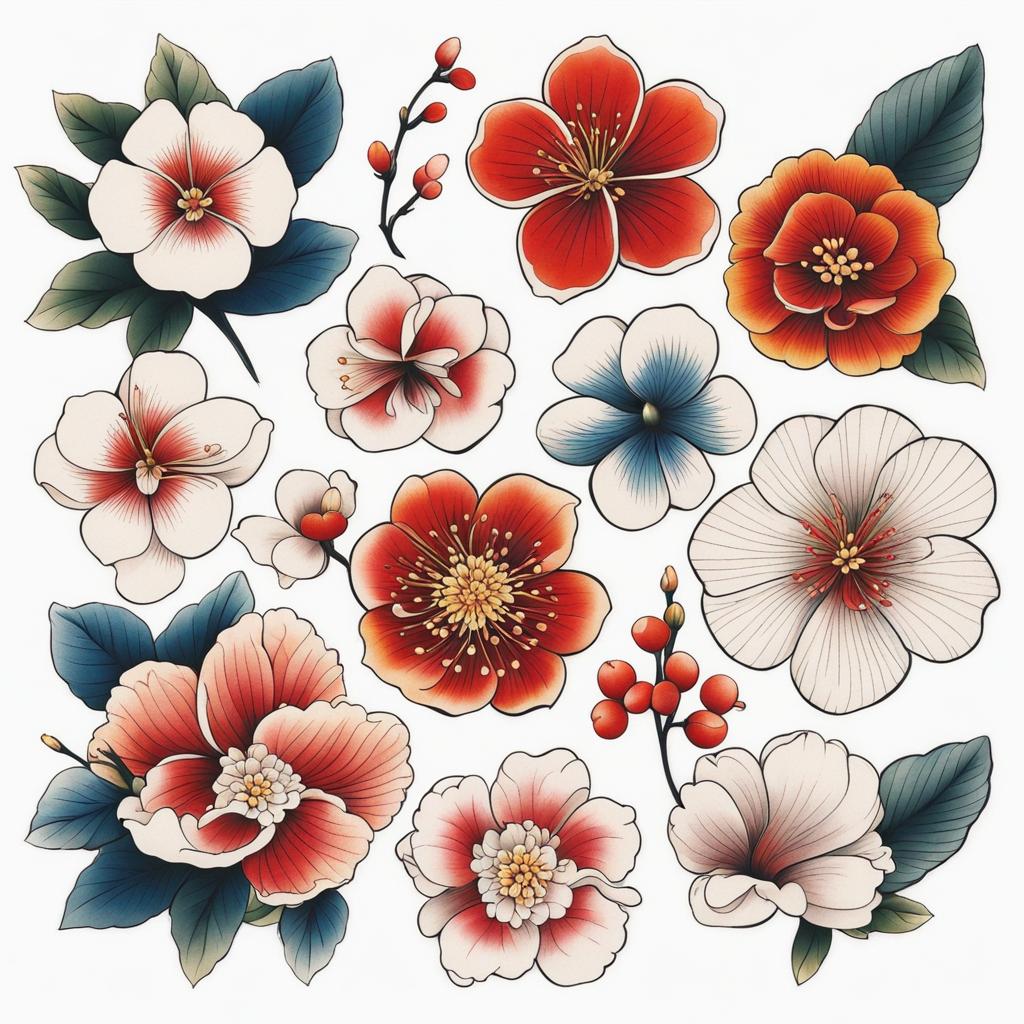 Japanese flower tattoo, Tattoos inspired by various flowers in Japanese culture. colors, tattoo patterns, clean white background