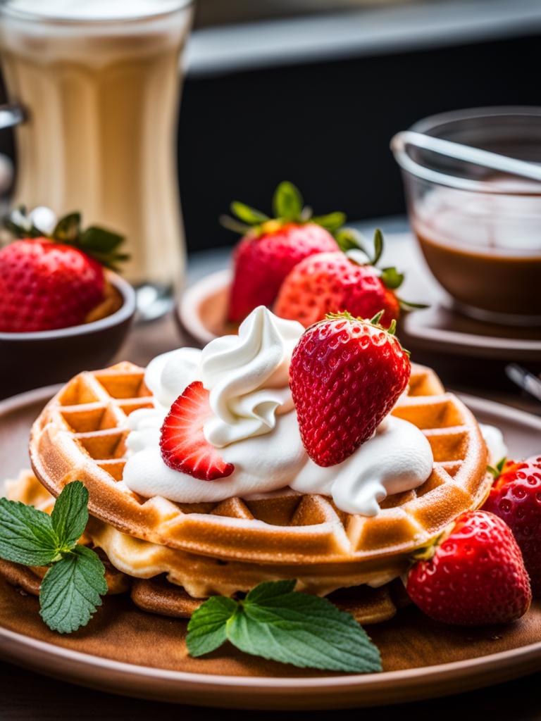 belgian waffles with strawberries and whipped cream, enjoyed at a european christmas market. 