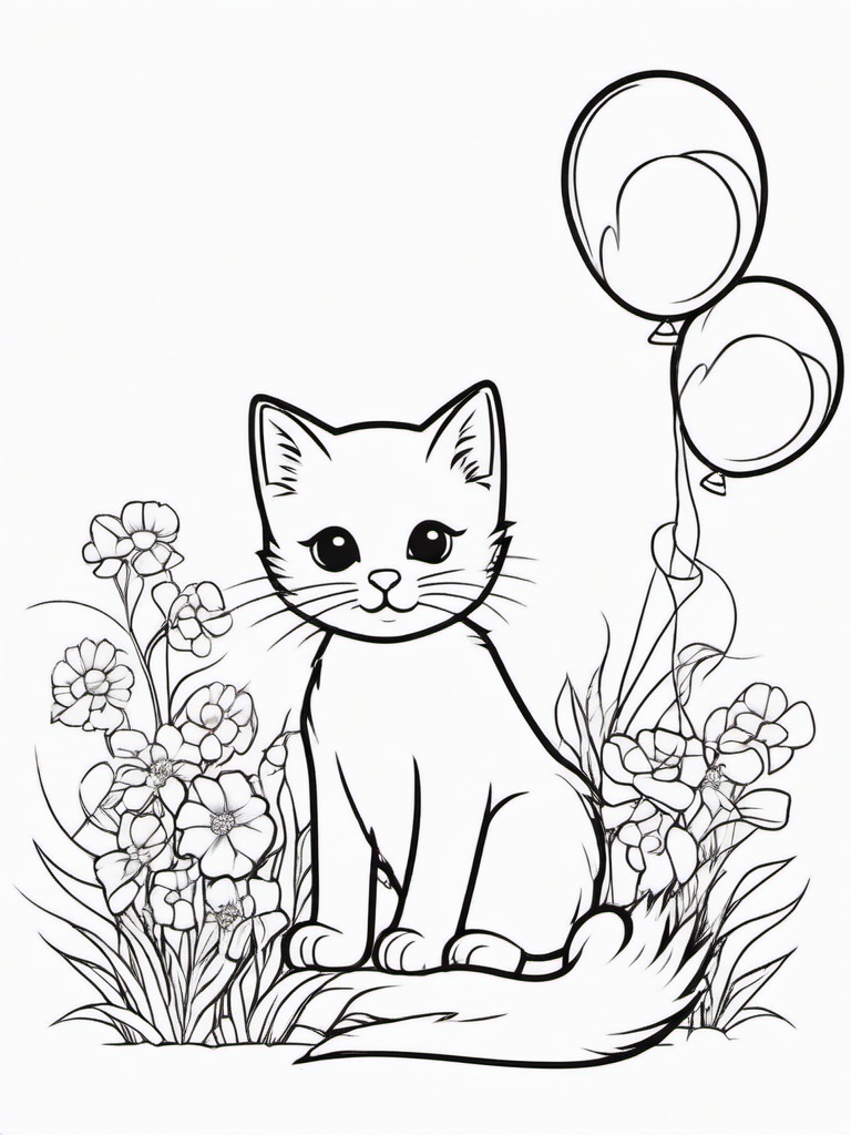 Kitty with a Balloon Bouquet Coloring Pages - Fun Kitten with Colorful Balloons  minimal black outline printable sheet, coloring page