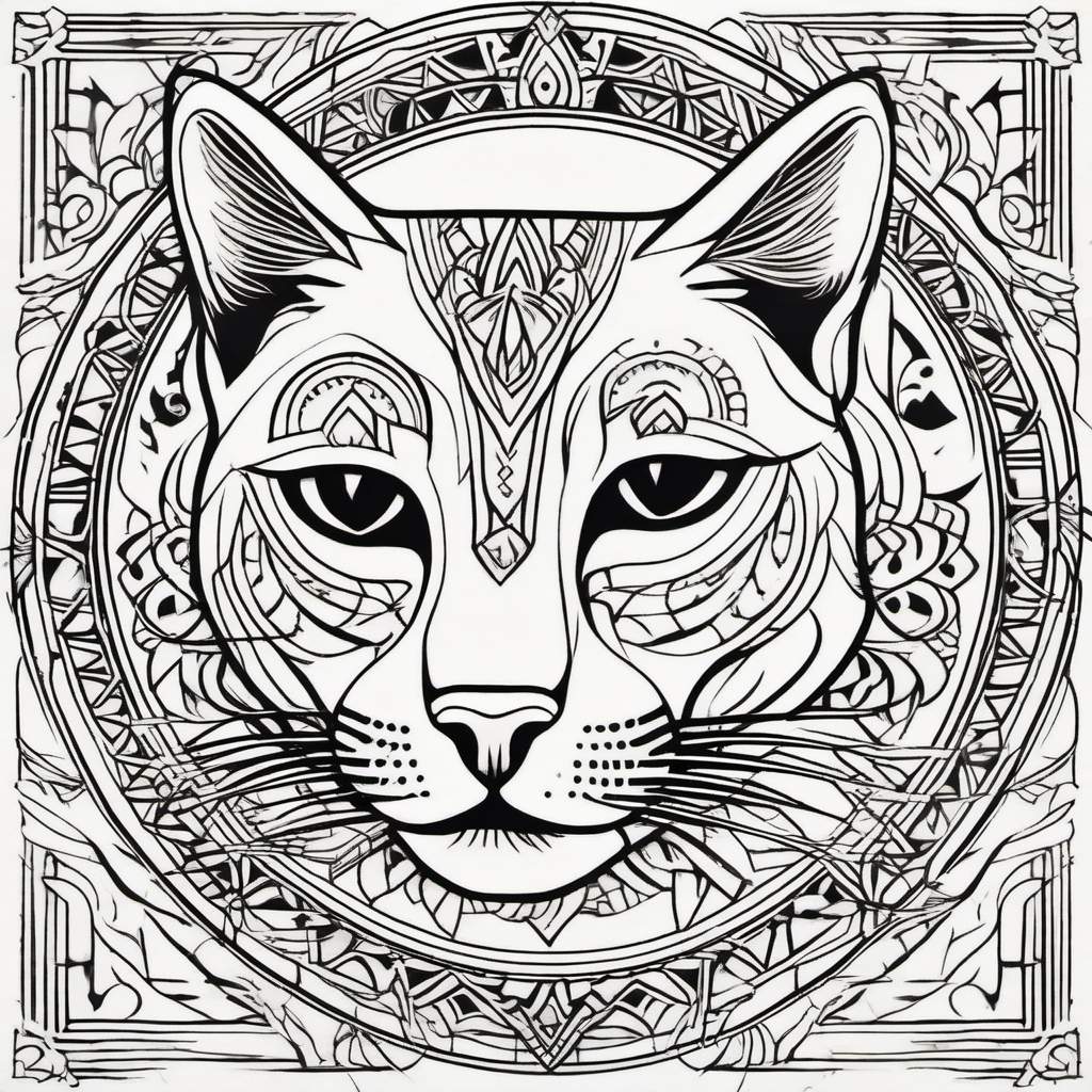 Cultural symbolism in ink with a cat outline tattoo featuring tribal patterns.  black white outline tattoo, white background