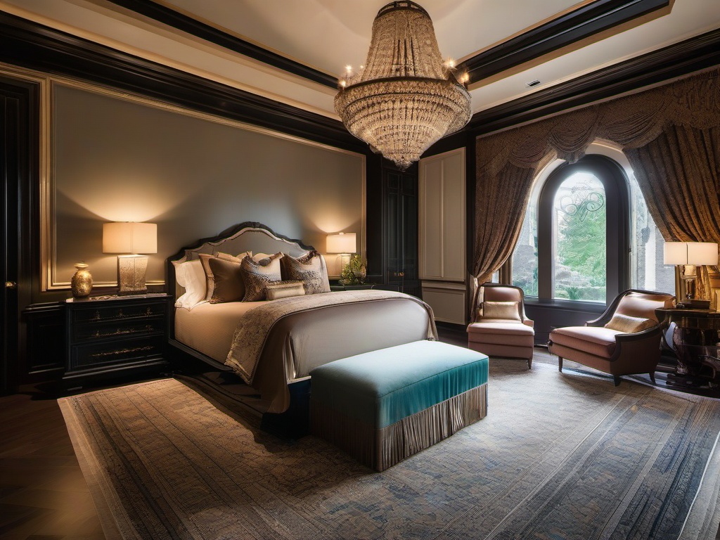 The master bedroom embraces Italian Renaissance interior design with a sumptuous color palette, luxurious fabrics, and intricate details that create a romantic and serene sanctuary for restful sleep.  