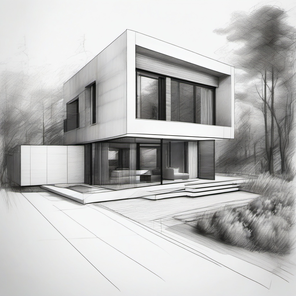 drawing of a modern house in pencil  minimal rough sketch scribbles,doodles,black and white