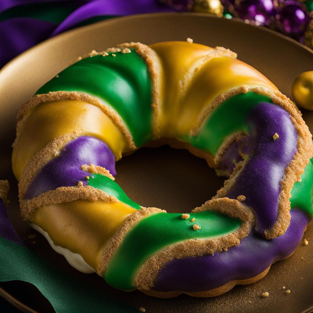 king cake with a hidden charm, a mardi gras tradition, relished at a vibrant new orleans parade. 