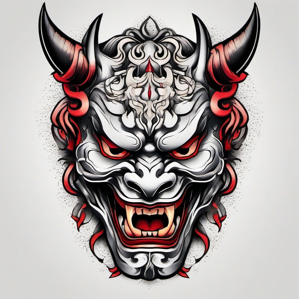 Oni and Hannya Mask Tattoo - Tattoo combining the powerful imagery of the Oni and Hannya masks.  simple color tattoo,white background,minimal