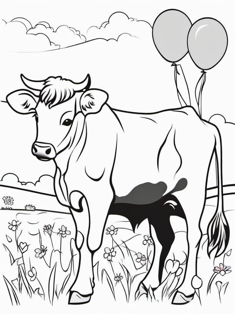 Cow Coloring Pages - Cow with colorful balloons tied to its tail  simple coloring pages