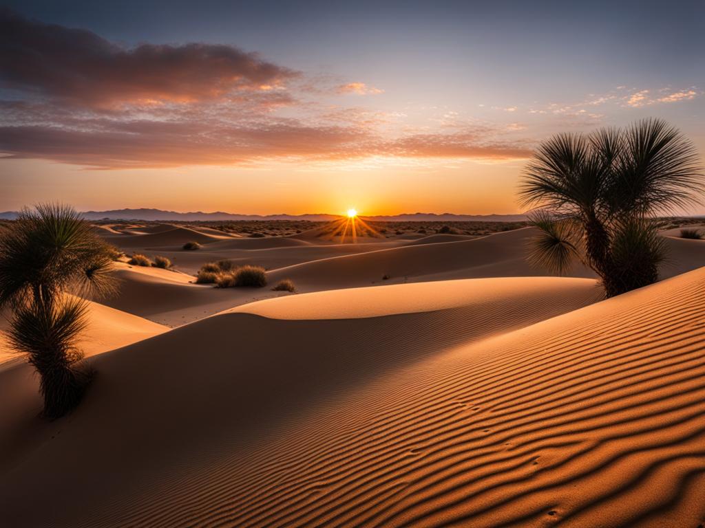 desert oasis, capturing the stark beauty of sand dunes, oases, and endless horizons. 