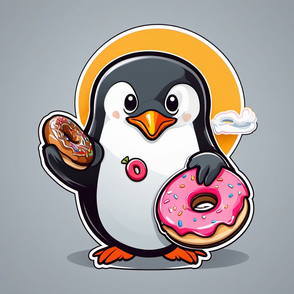 Penguin with Donut Sticker - A penguin delightfully enjoying a tasty donut. ,vector color sticker art,minimal