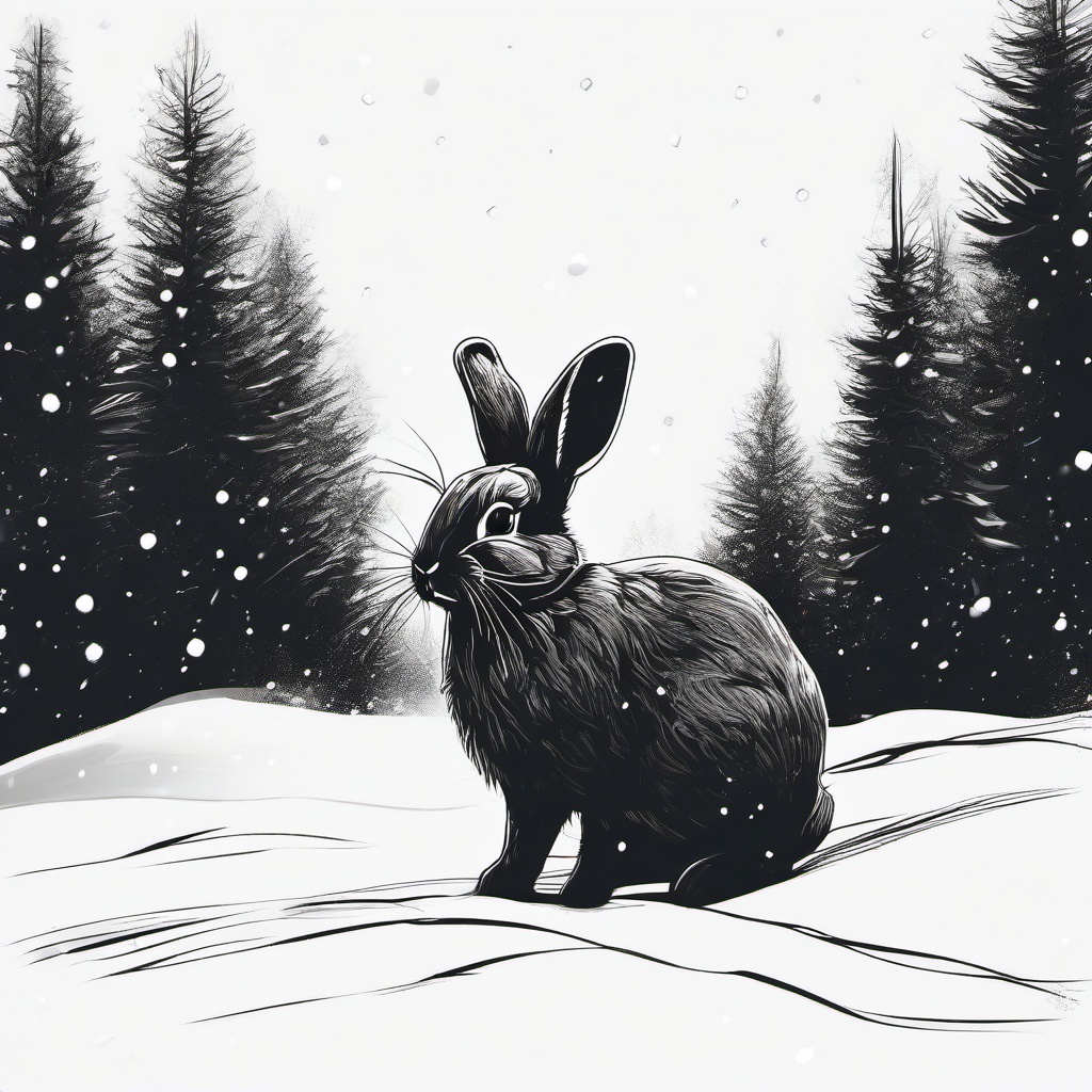 drawing of a bunny in the snow  minimal rough sketch scribbles,doodles,black and white