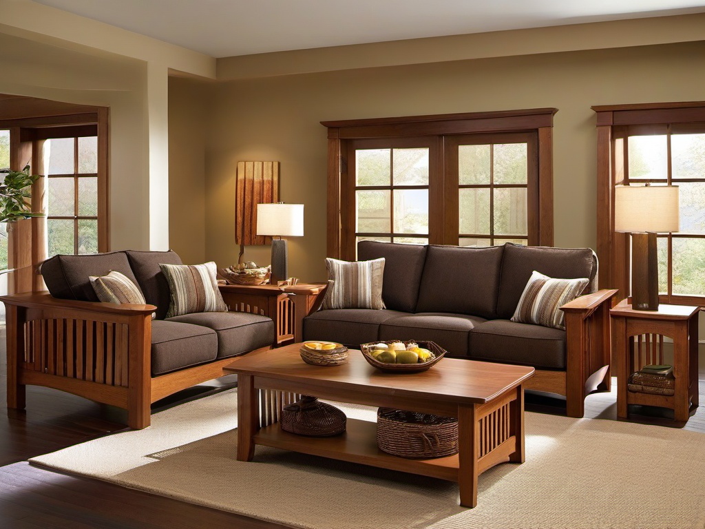 Mission living room showcases solid wood furniture, earthy tones, and a focus on simple craftsmanship for a warm, timeless look.  