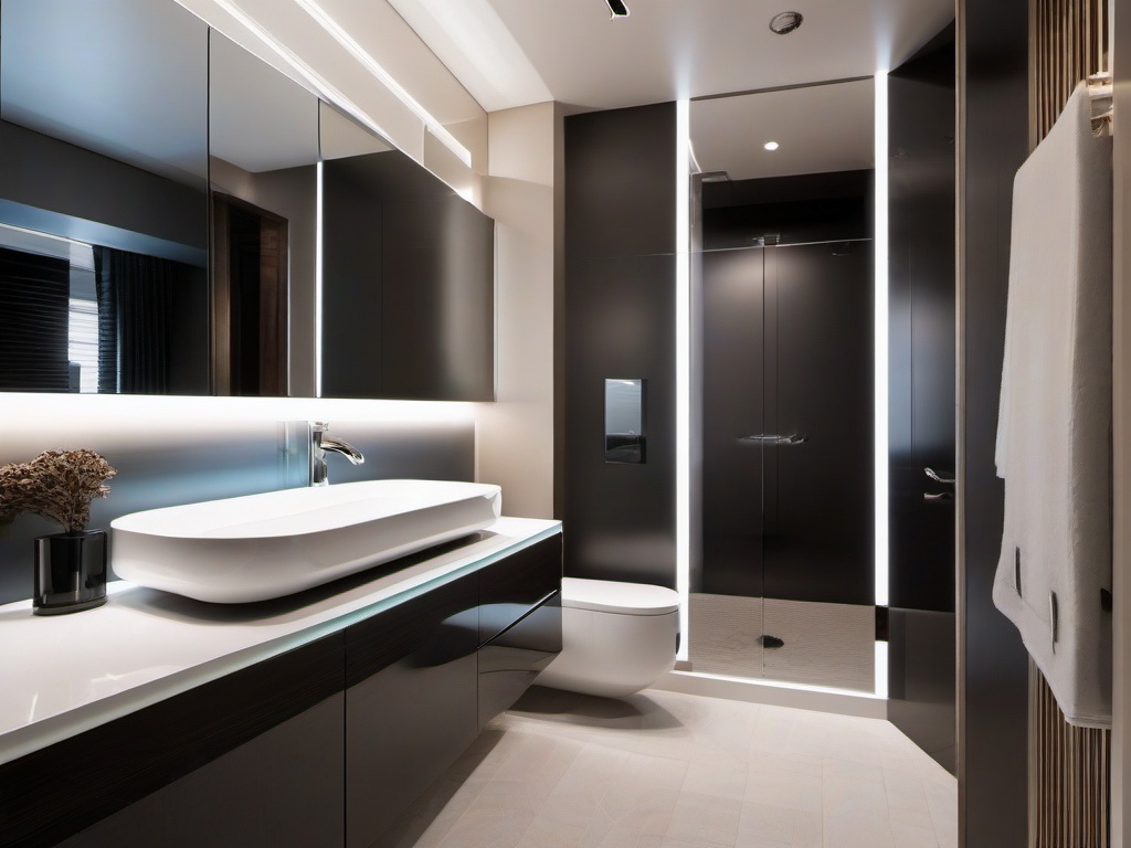 A small bathroom designed with futuristic interior design highlights space-saving fixtures, illuminated mirrors, and sleek finishes that maximize functionality while exuding modern charm.  