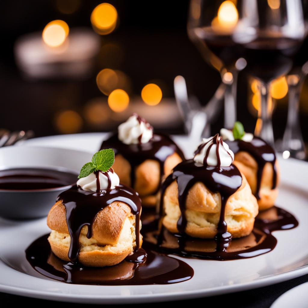 french profiteroles with chocolate sauce, enjoyed at a romantic candlelit dinner in paris. 