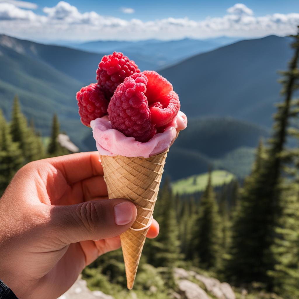 raspberry sorbet scooped onto a cone during a scenic hike in the mountains. 