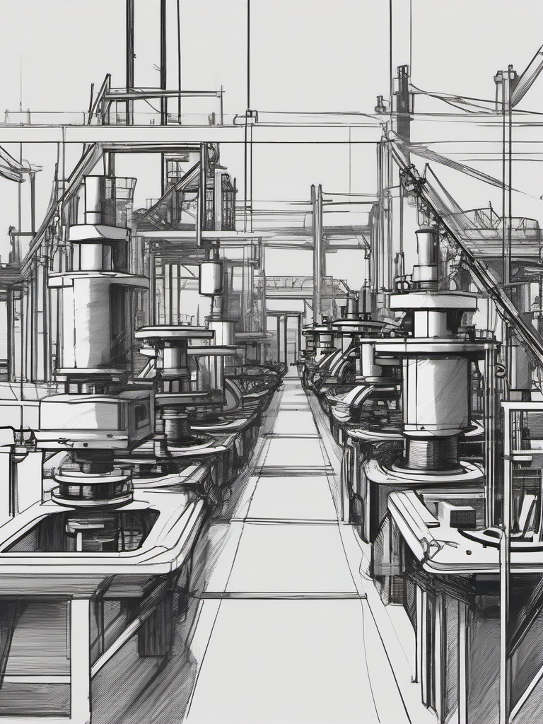 drawing of machines in an assembly line  minimal rough sketch scribbles,doodles,black and white