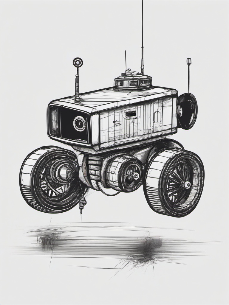 drawing of a robot with wheels  minimal rough sketch scribbles,doodles,black and white