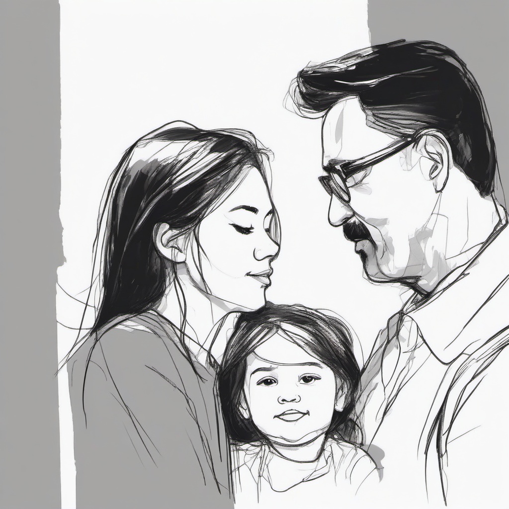 simple sketch of father and daughter  minimal rough sketch scribbles,doodles,black and white