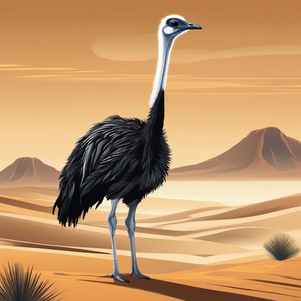 Ostrich Clipart in a Vast Desert,Graceful ostrich in a vast desert, symbol of elegance and isolation. 