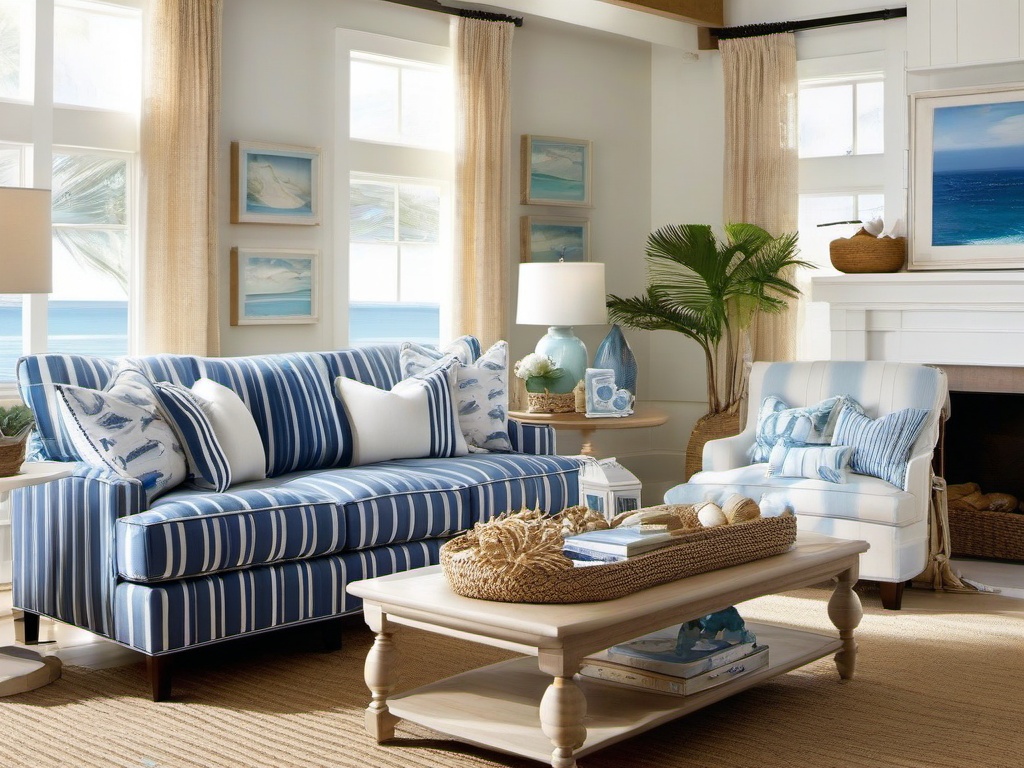 Nautical living room showcases blue and white striped sofas, beach-themed decor, and light wood accents that evoke a breezy seaside escape.  