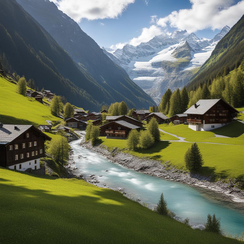 untouched lötschental - sketch the untouched beauty of lötschental, a remote valley in the swiss alps with traditional wooden houses. 