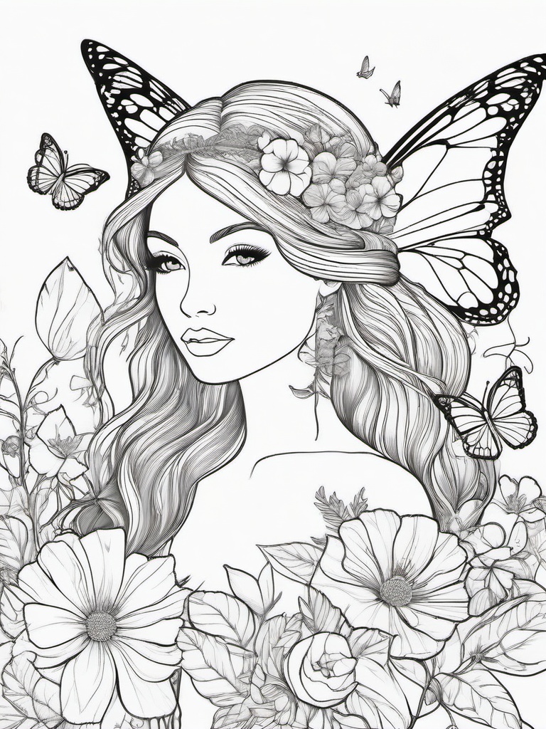 Fairy with Butterflies and Flowers Coloring Pages - Nature-Loving Fairy Surrounded by Beauty  minimal black outline printable sheet, coloring page