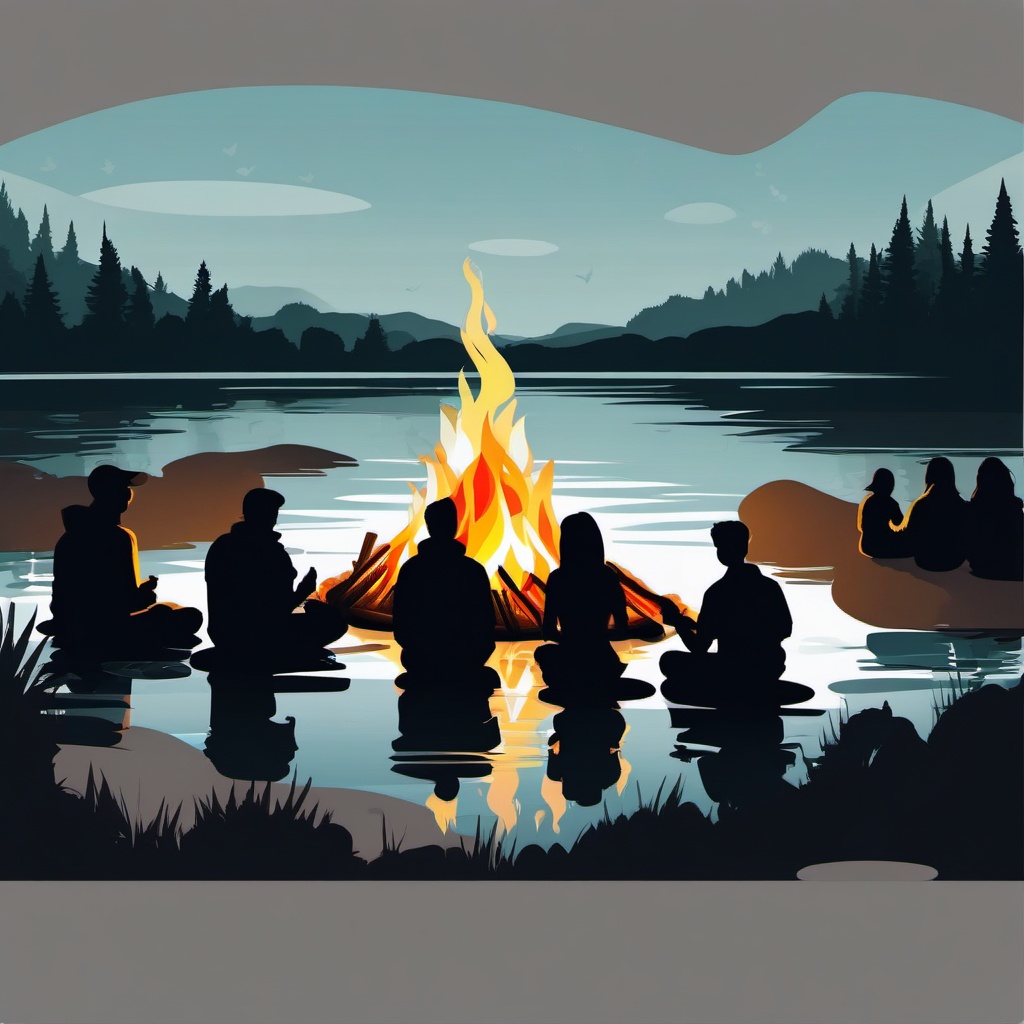 Bonfire Gathering clipart - Friends gathered around a lakeside bonfire., ,vector color clipart,minimal