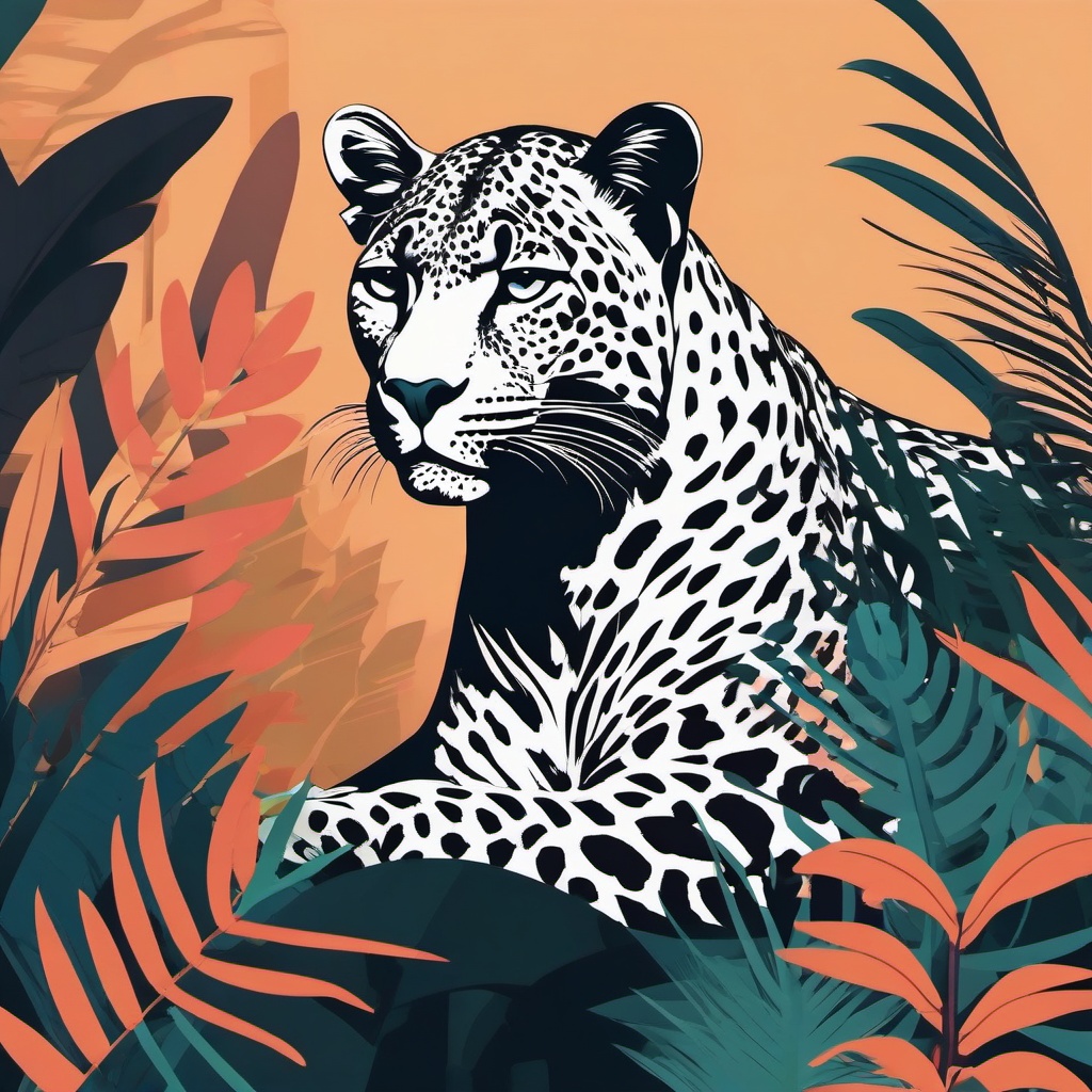 Leopard Clip Art - Stealthy leopard camouflaged in the jungle,  color vector clipart, minimal style