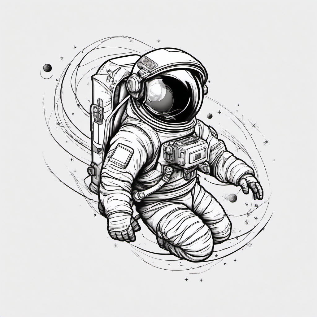 Astronaut Tattoo - An astronaut tattoo floating in zero gravity  few color tattoo design, simple line art, design clean white background