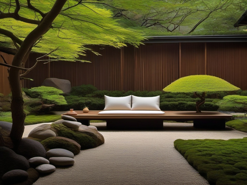 In the garden, Japanese Zen interior design highlights natural landscaping, simple paths, and tranquil seating areas that create a serene outdoor retreat for relaxation and enjoyment.  