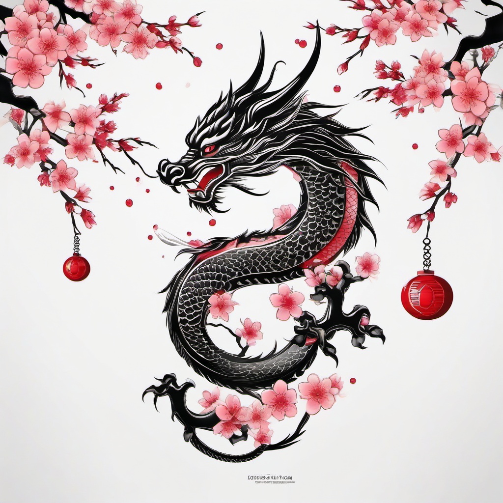 Japanese Dragon Tattoo with Cherry Blossom - Dragon with cherry blossoms in Japanese tattoo style.  simple color tattoo,white background,minimal