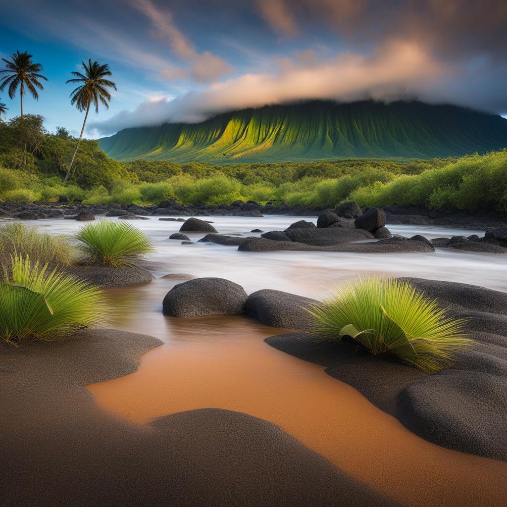 exotic reunion island landscapes - create an artwork that showcases the exotic landscapes of reunion island, from lush rainforests to volcanic craters. 