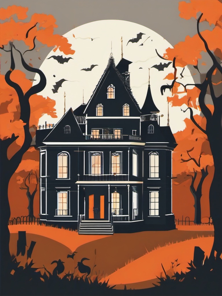 October clipart - haunted house with ghosts in the windows  color,minimalist,vector clipart