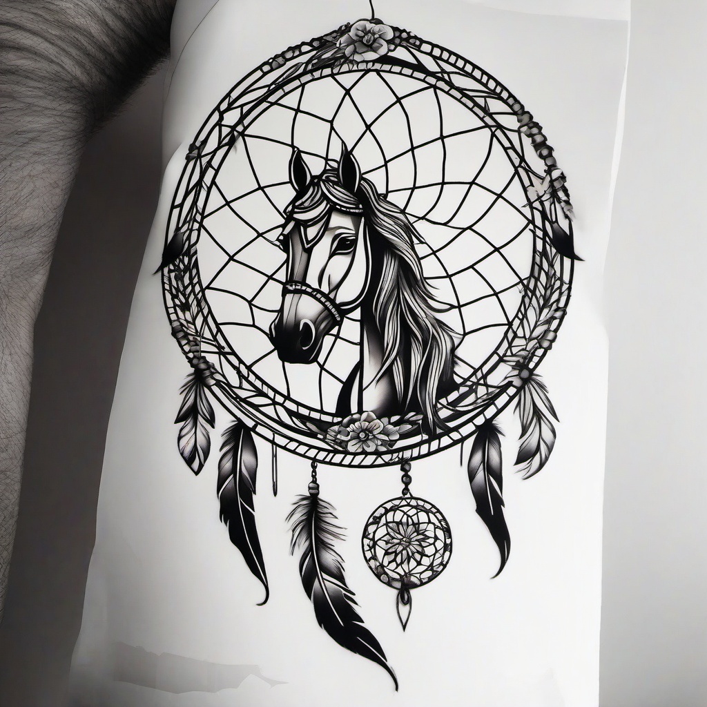 horse shoe dream catcher tattoo  simple color tattoo,minimal,white background