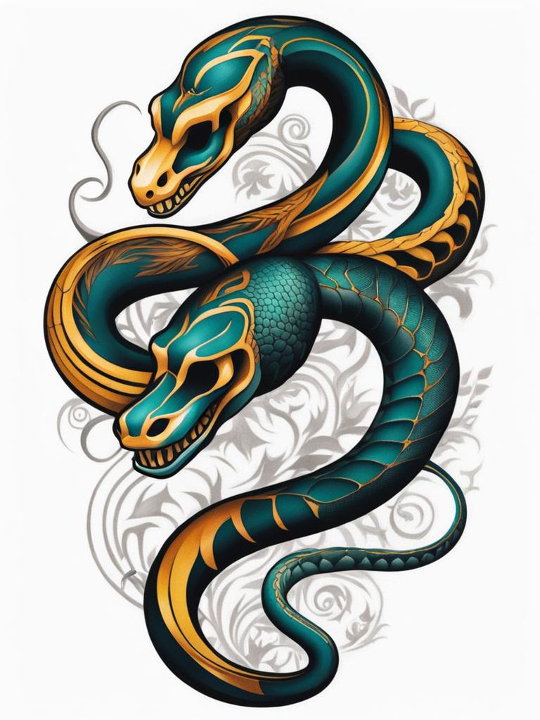 Skeleton snake tattoo, Creative tattoos showcasing skeletal representations of snakes. colors, tattoo patterns, clean white background