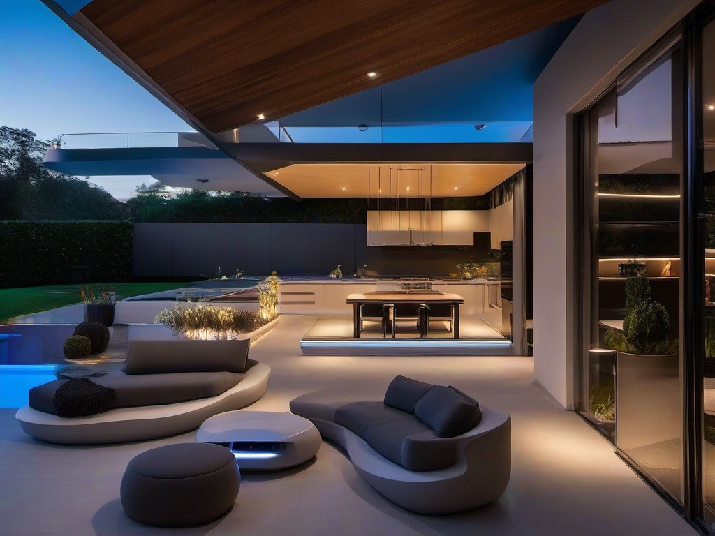 The outdoor patio embraces futuristic interior design with contemporary furniture, LED lighting, and an open layout that creates an inviting space for gatherings and relaxation.  