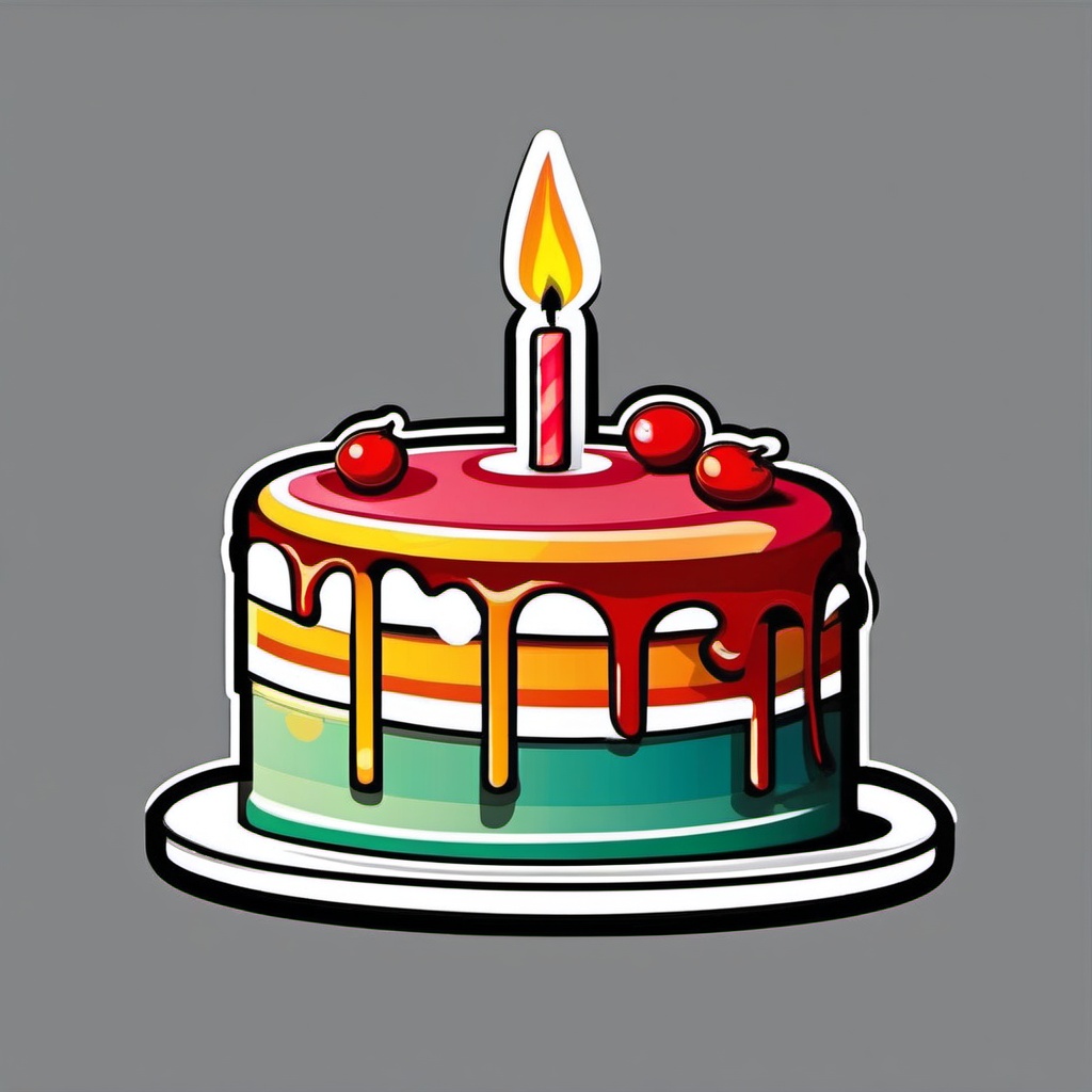 Cake with Candle Sticker - Cake adorned with a lit birthday candle, ,vector color sticker art,minimal