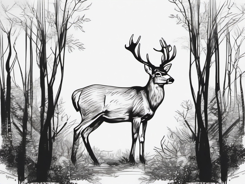 drawing of a deer in the forest  minimal rough sketch scribbles,doodles,black and white