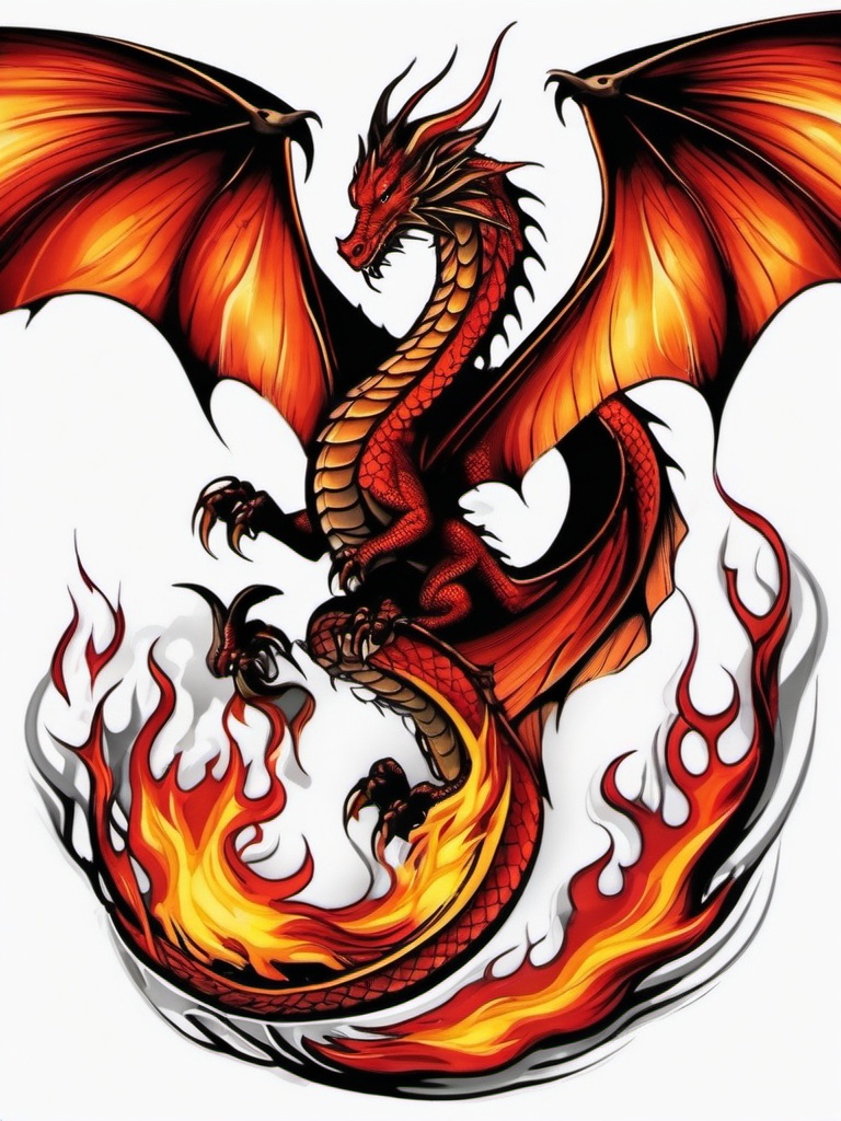 dragon and fire tattoo  simple color tattoo,white background