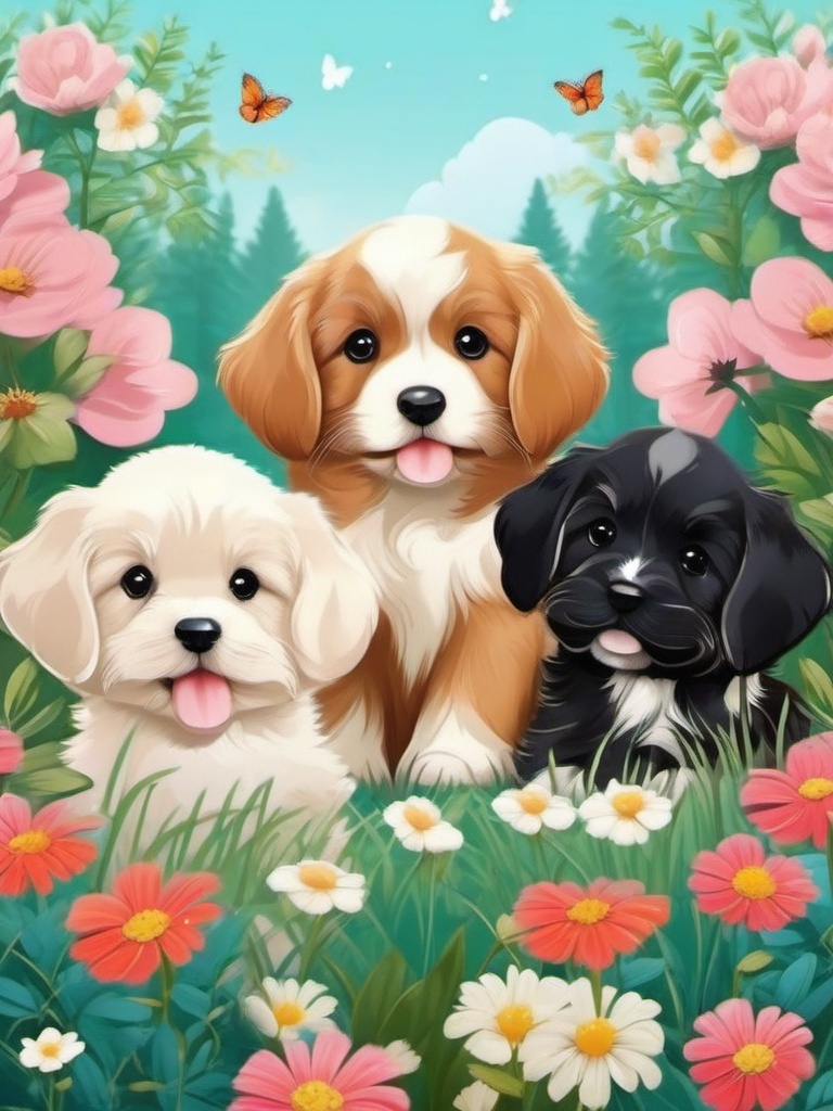 Cute Phone Backgrounds - Cute Puppies in a Flower Garden  wallpaper style, intricate details, patterns, splash art, light colors