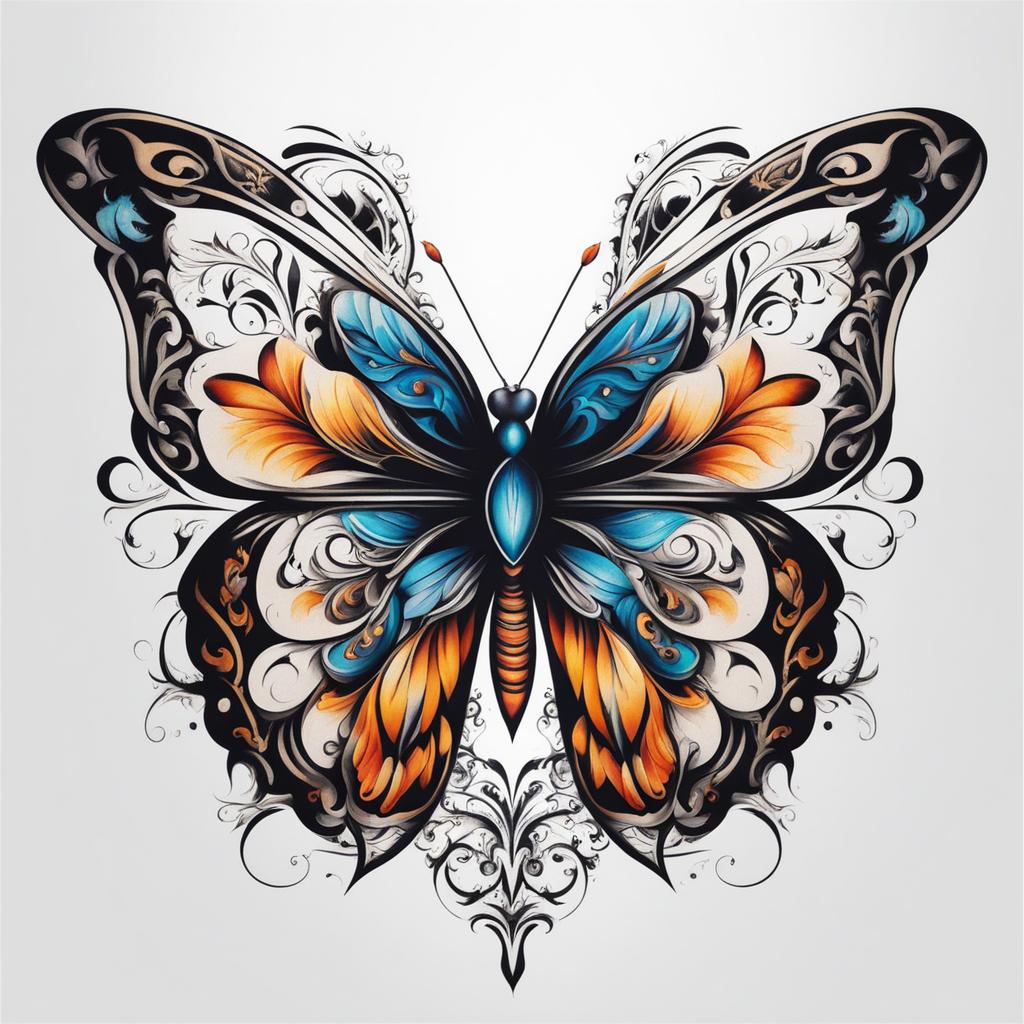 Butterfly and tattoo,Combining two elements to create a unique tattoo. , color tattoo design, white background