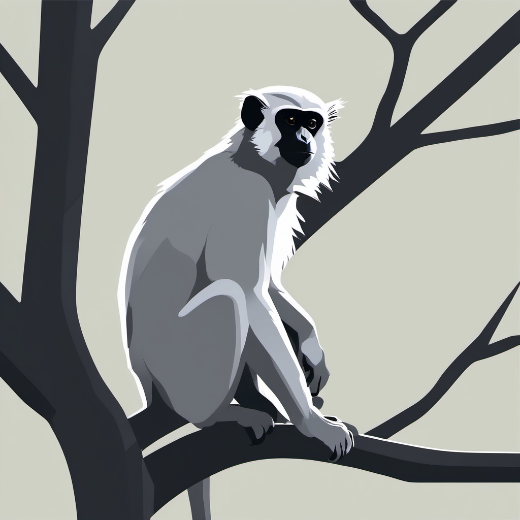 Gray Langur Monkey Clip Art - Gray langur monkey perched in a tree,  color vector clipart, minimal style