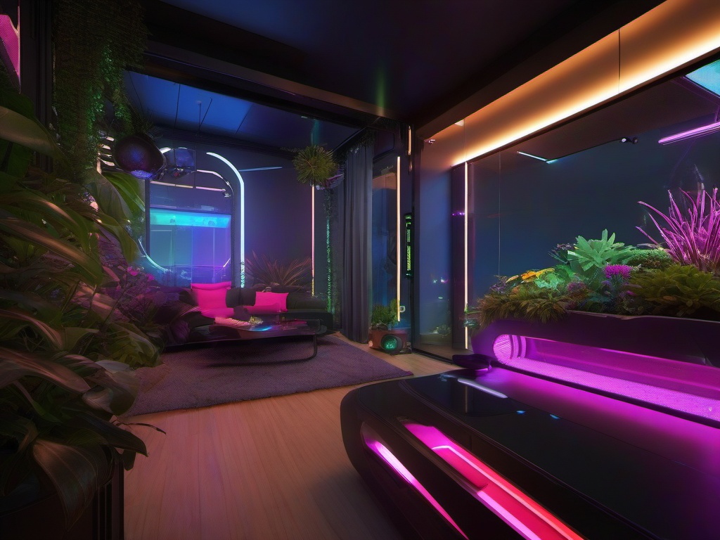 The garden room showcases cyberpunk interior design with futuristic furniture, high-tech gardening tools, and vibrant decor that brings a modern twist to indoor gardening.  