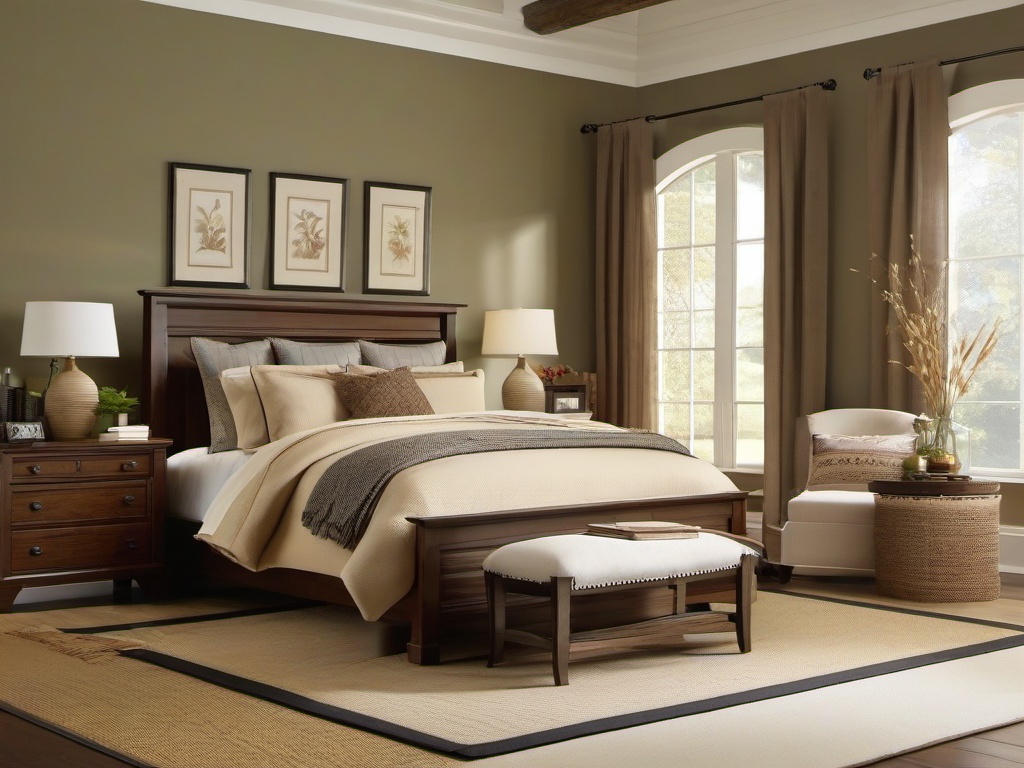 Country master bedroom combines sturdy furniture, warm colors, and simple decorations to create a cozy atmosphere for relaxation.  