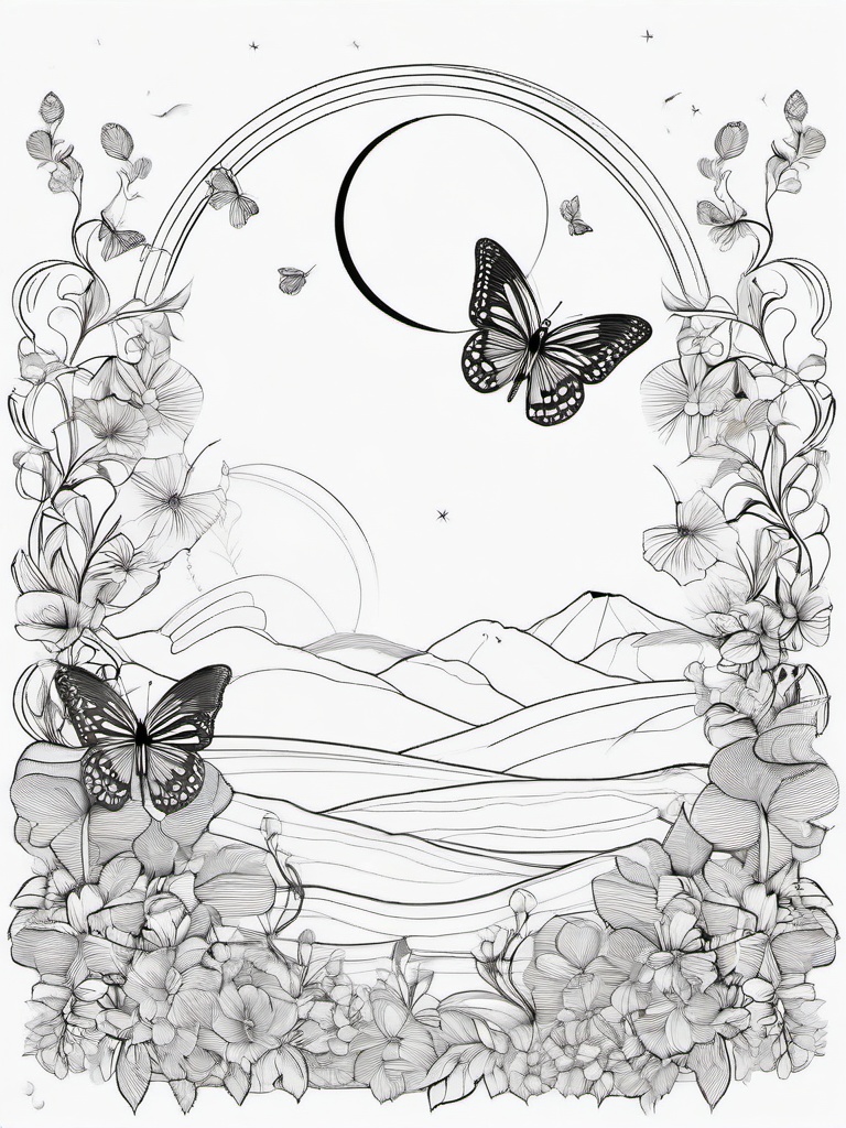 Butterfly and Moon Coloring Pages - Ethereal Scene with Butterflies and Moon  minimal black outline printable sheet, coloring page